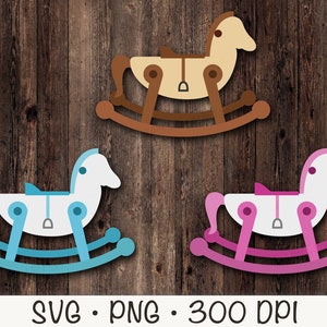 Cavalo de balanço SVG, clipart de cavalo de brinquedo de balanço de madeira, PNG, rosa, azul, download digital instantâneo