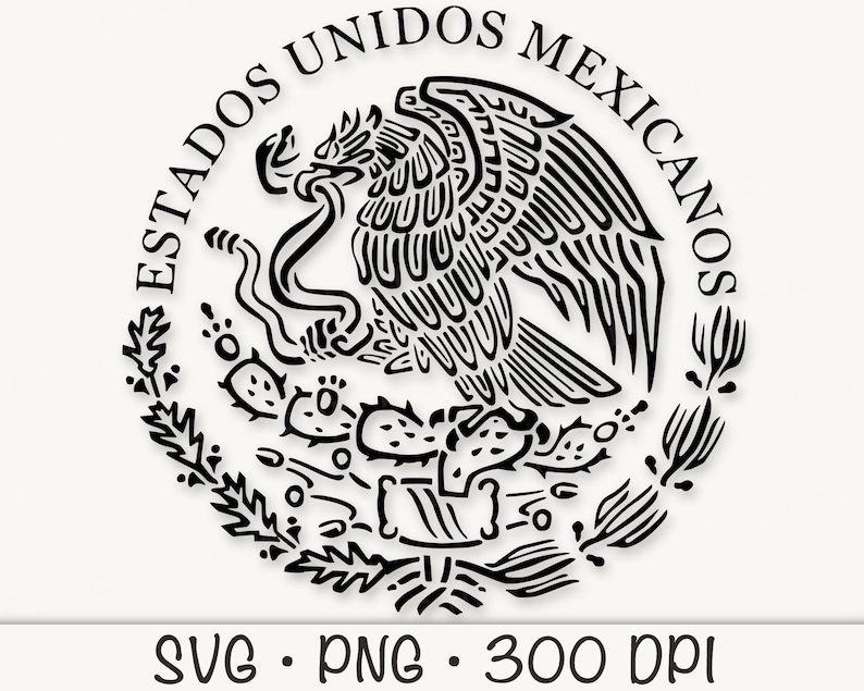 May include: Black and white illustration of the Coat of Arms of Mexico. The image features an eagle perched on a cactus with a snake in its beak. The text "ESTADOS UNIDOS MEXICANOS" surrounds the eagle.
