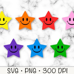 Glückliches Gesicht Sterne SVG, bunte süße Sterne Clipart, Kinder Sterne PNG, Regenbogen Sterne, Schule, Lehrer, Klassenzimmer, sofortiger digitaler Download