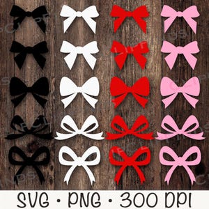 May include: Set of 10 bow SVG cut files in black, white, red, and pink.  The bows are in various sizes and are perfect for crafting projects.