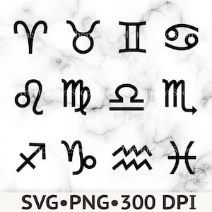 Peut inclure: Une collection de douze symboles du zodiaque noirs disposés en trois rangées de quatre, incluant Bélier, Taureau, Gémeaux, Cancer, Lion, Vierge, Balance, Scorpion, Sagittaire, Capricorne, Verseau et Poissons, avec le texte SVG PNG 300 DPI en bas.