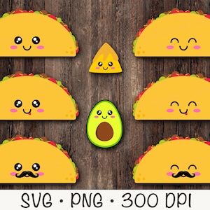 Kawaii süße Tacos, Nacho mit Käse und Avocado, Tacos SVG, Tacos PNG, Clip Art, Sofort Download