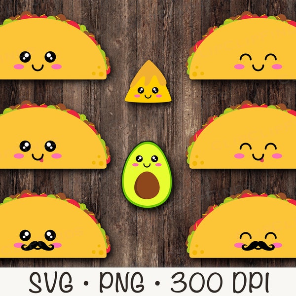 Kawaii Cute Tacos, Nacho with Cheese, and Avocado, Tacos SVG, Tacos PNG, Clip Art,  Instant Download