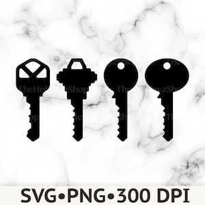May include: A set of four black silhouette key icons arranged in a horizontal row. Each key features a distinct head shape and a unique serrated blade pattern. The text SVG PNG 300 DPI is printed in black at the bottom of the image.