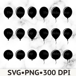 May include: A collection of eighteen black balloon silhouettes arranged in three rows, with some featuring attached strings. The text "The holidayz shop" is overlaid across the balloons, and the text "SVG PNG 300 DPI" appears at the bottom.