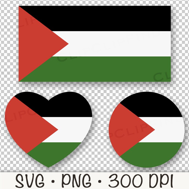 May include: A set of three Palestinian flag designs. The first design is a rectangular flag with black, white, green, and red colours. The second design is a heart-shaped flag with the same colours. The third design is a circular flag with the same colours.