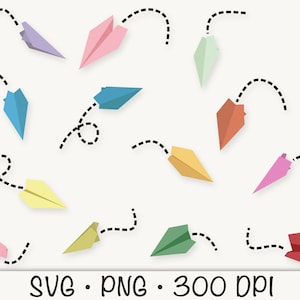 May include: A set of 12 colorful paper airplanes with dashed lines showing their flight paths. The airplanes are in various colors, including pink, blue, green, yellow, and red. The image includes the text "SVG. PNG. 300 DPI".