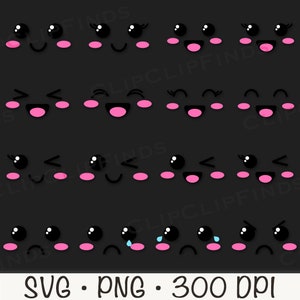 Puede incluir: Un conjunto de 12 caras de dibujos animados kawaii con diferentes expresiones. Las caras son negras con mejillas rosadas y ojos negros. Las expresiones incluyen gui&ntilde;ar el ojo, sonre&iacute;r, sorprenderse y estar triste.