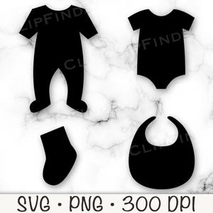 May include: Black silhouette illustrations of baby clothing items, including a onesie, a short-sleeved bodysuit, a sock, and a bib. The text "SVG • PNG • 300 DPI" is at the bottom.