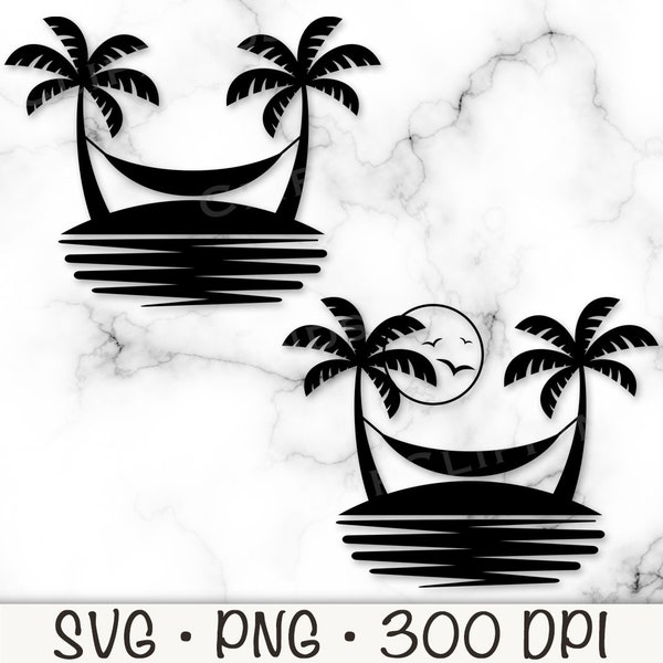 Hammock with Palm Tree SVG, Tropical Island PNG, Summer SVG, Silhouette, Vacation, Beach, Sunset, Digital Download