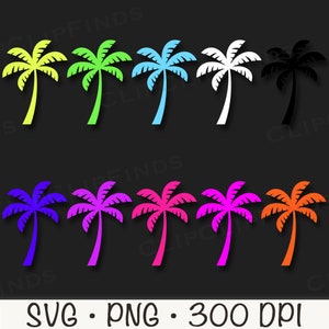 Paquete SVG de palmeras, palmeras PNG, palmeras de colores, palmeras de neón, imágenes prediseñadas de palmeras, silueta de palmera, descarga digital