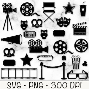 May include: A collection of black and white cinema-themed clip art. Includes film reels, popcorn, a director's chair, a star, a megaphone, and other film icons. The text "SVG • PNG • 300 DPI" is at the bottom.