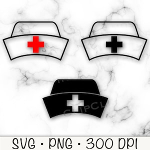 Può includere: Tre file di taglio SVG di cappelli da infermiera in bianco e nero. I cappelli sono contornati di nero e hanno una croce rossa, una croce nera e una croce bianca al centro.