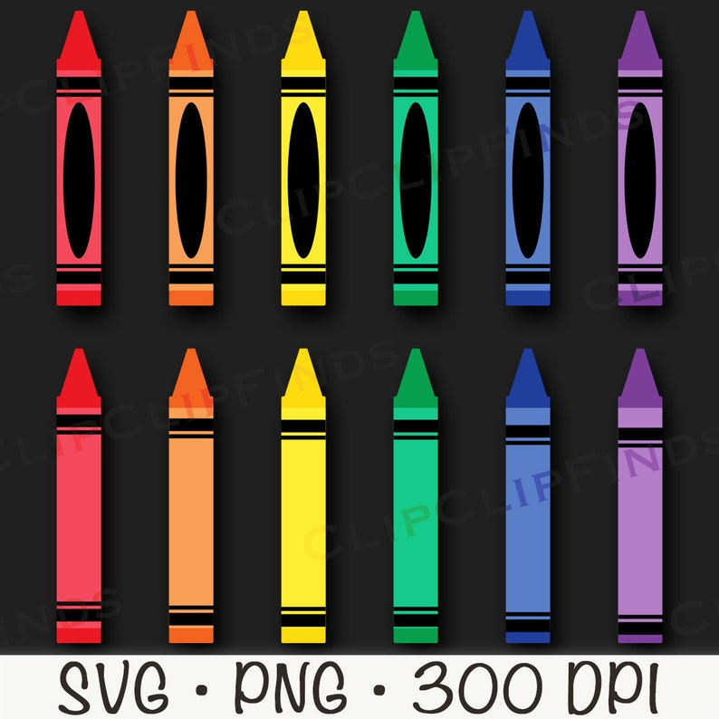 May include: Set of 12 crayon illustrations in various colors, including red, orange, yellow, green, blue, purple, and black. Each crayon is a simple, flat design with a black outline and a black line across the middle.