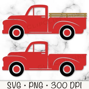 Könnte beinhalten: Ein roter Vintage-Pickup mit einer Holzpritsche. Der LKW ist eine Silhouette ohne Details, und die Ladefläche ist leer.