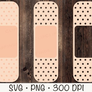 May include: Three printable images of band-aid shaped frames with polka dots. The frames are in a light peach color with black polka dots. The middle frame has a blank space for text or an image. The frames are on a wood background.