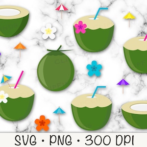 May include: A digital illustration of green coconuts with straws, flowers, and umbrellas on a white marble background.  The text "SVG. PNG. 300 DPI" is at the bottom of the image.