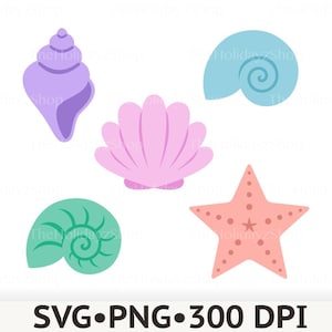 May include: A collection of five colorful sea life illustrations including a purple spiral shell, a light blue nautilus shell, a pink fan-shaped scallop shell, a teal spiral shell, and a peach starfish with dots. Text at the bottom reads SVG PNG 300 DPI.