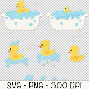 May include: A set of five yellow rubber duck illustrations, including a duck in a white bathtub with blue bubbles, a duck in a white bathtub with blue bubbles, a duck in blue water with blue bubbles, a duck in blue water with blue bubbles, and a duck on a white background.  The illustrations are perfect for creating baby shower invitations, cards, or other crafts.