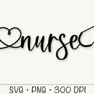 Puede incluir: Diseño gráfico en blanco y negro de un estetoscopio con forma de corazón y la palabra "enfermera" en cursiva.
