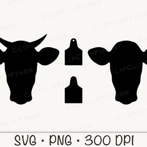 タグ付き牛の頭、タグ付き雄牛の頭、角、牛の頭 SVG、PNG、インスタントデジタルダウンロード