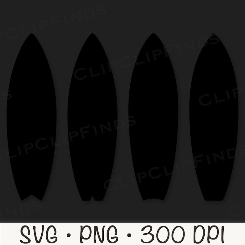 May include: Four black silhouette surfboards, each with a rounded tip and a slightly pointed tail. The surfboards are arranged in a row, with the tips pointing towards the top of the image.