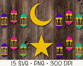 Ramadan Lanterns Crescent Moon and Star, SVG PNG, Instant Digital Download