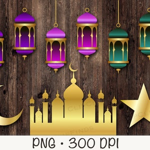 Ramadan Clipart, mosquée, lanternes islamiques, croissant de lune et étoile, Ramadan PNG, téléchargement numérique instantané