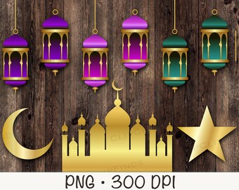 Ramadan Clipart, Mosque, Islamic Lanterns, Crescent Moon and Star, Ramadan PNG, Instant Digital Download