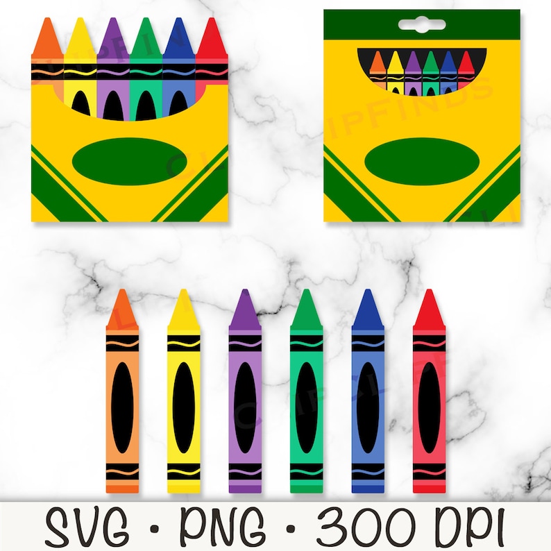 May include: A set of eight crayons in a yellow box with a green lid. The crayons are red, orange, yellow, green, blue, indigo, violet, and black. There are also eight individual crayons in the same colors.