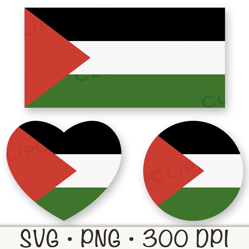 May include: A set of three Palestinian flag designs in different shapes: a rectangle, a heart, and a circle. The flag features three horizontal stripes of black, white, and green, with a red triangle pointing to the hoist side.