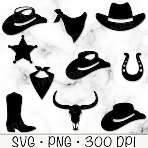 Cowboy SVG, Western Clipart, Silhueta de Cowboy, Rodeio PNG, Chapéu de Cowboy, Bandana, Botas de Cowboy, Ferradura, Distintivo de Xerife, Download Digital