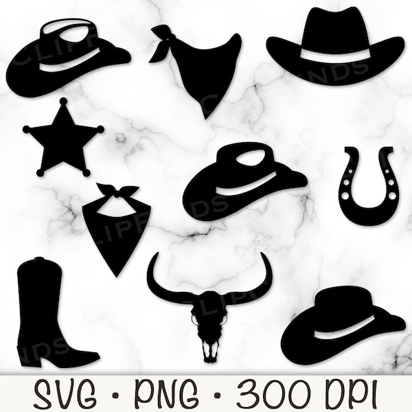 Cowboy SVG, Western Clipart, Cowboy Silhouette, Rodeo PNG, Cowboy Hat, Bandana, Cowboy Boots, Horse Shoe, Sherif Badge, Digital Download