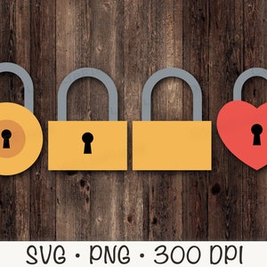 May include: Four yellow padlocks with keyholes and a red heart-shaped padlock with a keyhole. The padlocks are on a wood background.