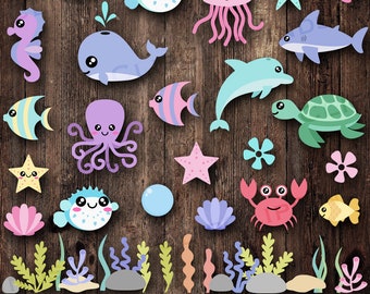 Cute Sea Animals SVG, Kawaii Ocean Sea Animals PNG Clipart, Patel, Starfish, Whale, Octopus, Shark, Clam, Turtle, Seaweed, Algae, Seahorse