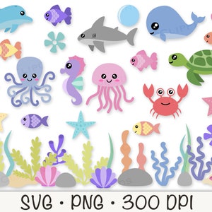 Cute Sea Animals SVG, Ocean Sea Animals PNG Clipart, Starfish, Whale, Octopus, Shark, Fish, Clam, Turtle, Seaweed, Sea Algae, Seahorse image 3