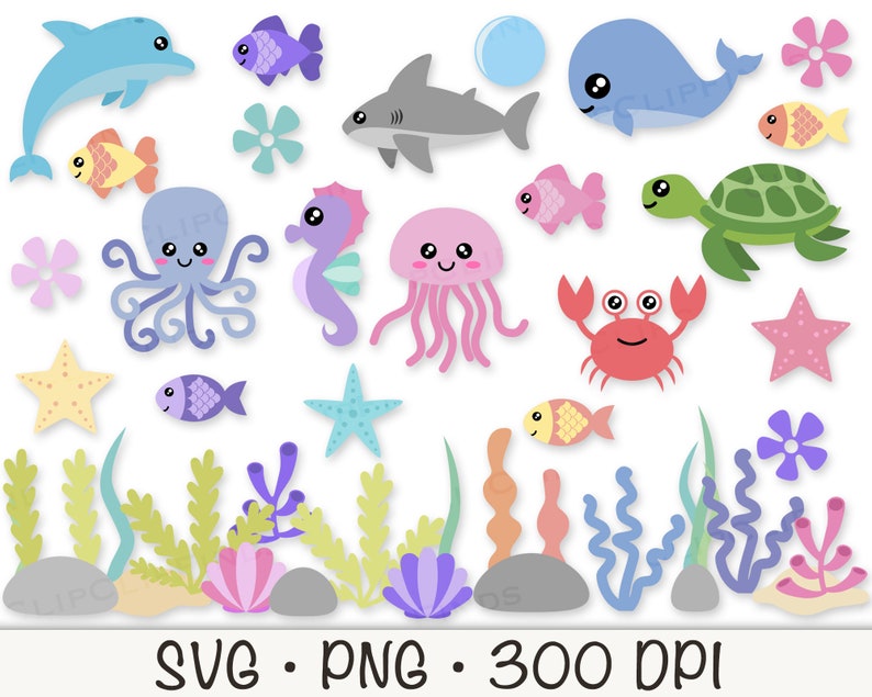 Cute Sea Animals SVG, Ocean Sea Animals PNG Clipart, Starfish, Whale, Octopus, Shark, Fish, Clam, Turtle, Seaweed, Sea Algae, Seahorse image 3