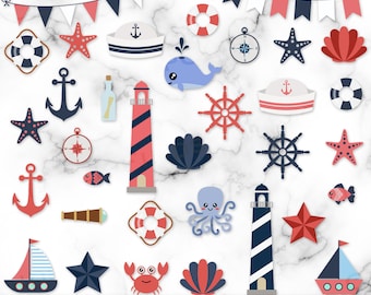 Nautisk Clipart Bundle Pack, Nautisk SVG, Fyr, Båt, Sjöstjärna, Livräddare, Kompass, Ankare, Snäckskal, Krabba, Val, Bläckfisk, PNG