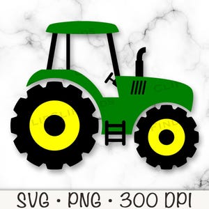 May include: A green tractor illustration with black wheels and a yellow center. The tractor has a black roof, black support beams, and a black exhaust pipe. The image includes the text "SVG • PNG • 300 DPI".