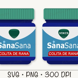 May include: Two blue pill bottles with green lids and white labels. The labels read "SanaSana" and "COLITA DE RANA". One label also has the word "VIKCS".