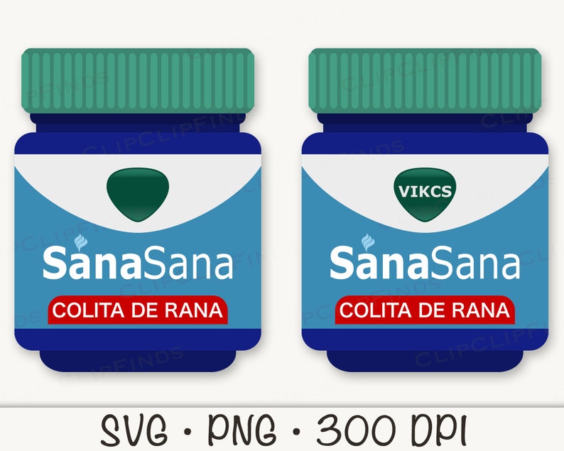 May include: Two blue pill bottles with green lids and white labels. The labels read "SanaSana" and "COLITA DE RANA". One label also has the word "VIKCS".