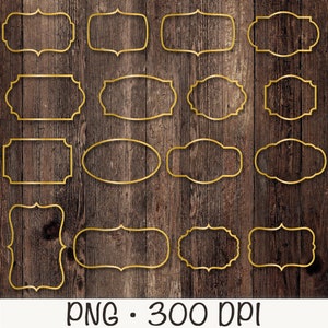 Molduras de contorno de etiqueta de ouro PNG, gráficos digitais de etiqueta de ouro, clipart de etiquetas de ouro, elegante, formas clássicas, chique, vintage, download digital
