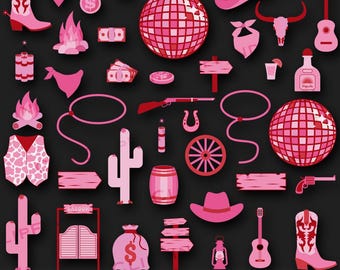 Pink Cowgirl Clipart, Western Clipart, Rodeo PNG, Disco Ball, Cowgirl Boot, Tequila, Cowgirl Hat, Retro, Vintage Pink, Aesthetic, Digital