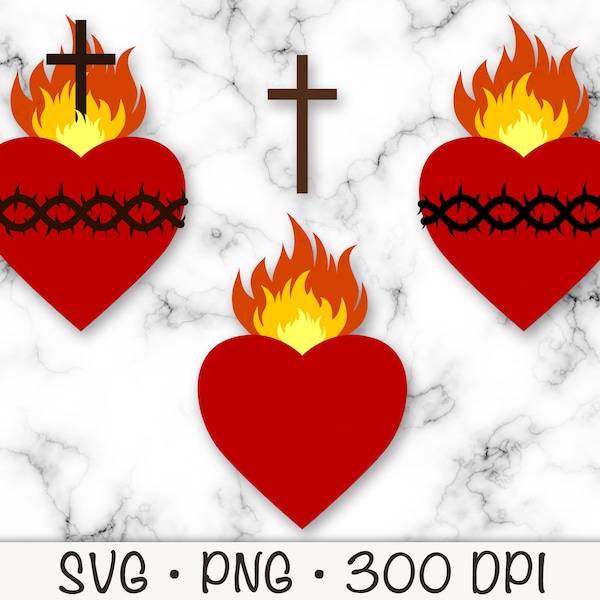 Sacred Heart SVG, Heart with Flames Clip Art, Heart with Crown of Thorns PNG, Sagrado Corazon De Jesus, Instant Digital download