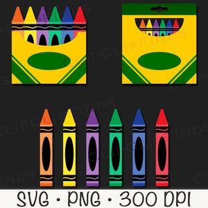May include: A set of eight crayons in a yellow box with a green label. The crayons are red, orange, yellow, green, blue, purple, pink, and brown. The crayons are arranged in a row in the box. The box has a green label with the word "Crayons" on it. The crayons are 300 DPI.