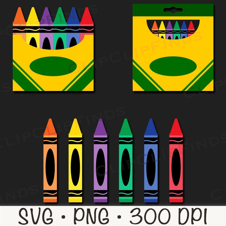 May include: A set of eight crayons in a yellow box with a green label. The crayons are red, orange, yellow, green, blue, purple, pink, and brown. The crayons are arranged in a row in the box. The box has a green label with the word "Crayons" on it. The crayons are 300 DPI.