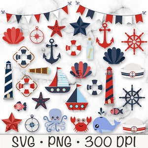 Pacchetto di clipart nautiche, clipart oceaniche in formato SVG, PNG nautico, faro, ancora, banner, stella marina, bussola, animali marini, barca a vela, download