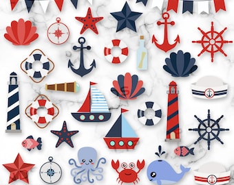 Nautisk Clipart-paket, Ocean Clipart SVG, Nautisk PNG, Fyr, Ankare, Banderoll, Sjöstjärna, Kompass, Havsdjur, Segelbåt, Ladda ner