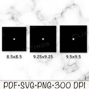 May include: Three black square shapes with a single white dot in the center. The squares are labeled with their dimensions: 8.5x8.5, 9.25x9.25, and 9.5x9.5.
