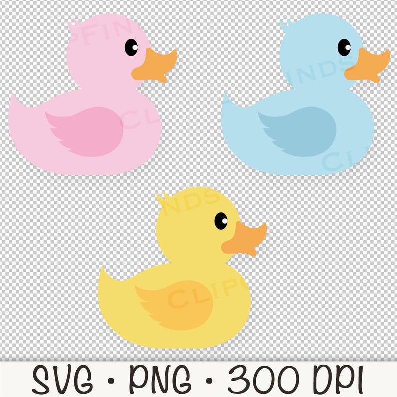 May include: Three rubber duck toys in different colours: pink, blue and yellow. Each duck has a small beak and eyes.
